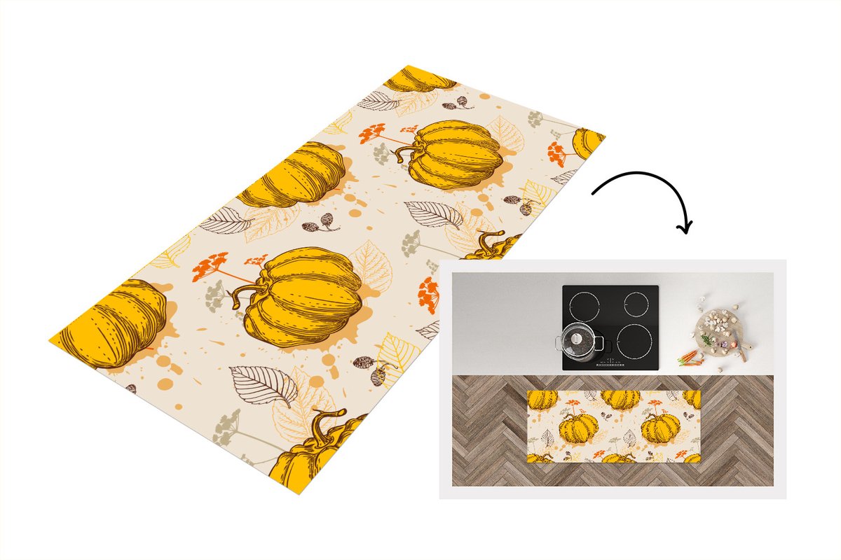 KitchenYeah Keukenloper - Loper keuken - Pompoen - Herfst - Patronen - 120x50 cm - Keukenloper vinyl Multicolor