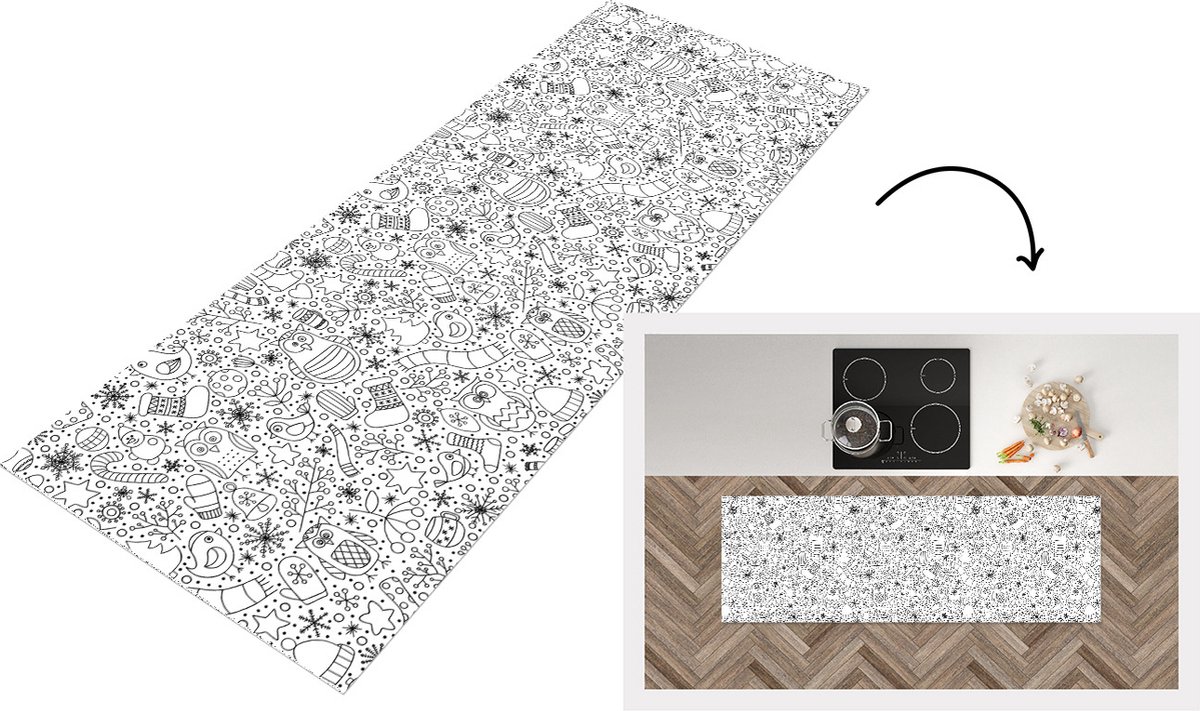 KitchenYeah Keukenloper - Loper keuken - Design - Winter - Zwart - Wit - Kerst - 180x60 cm - Keukenloper vinyl Multicolor