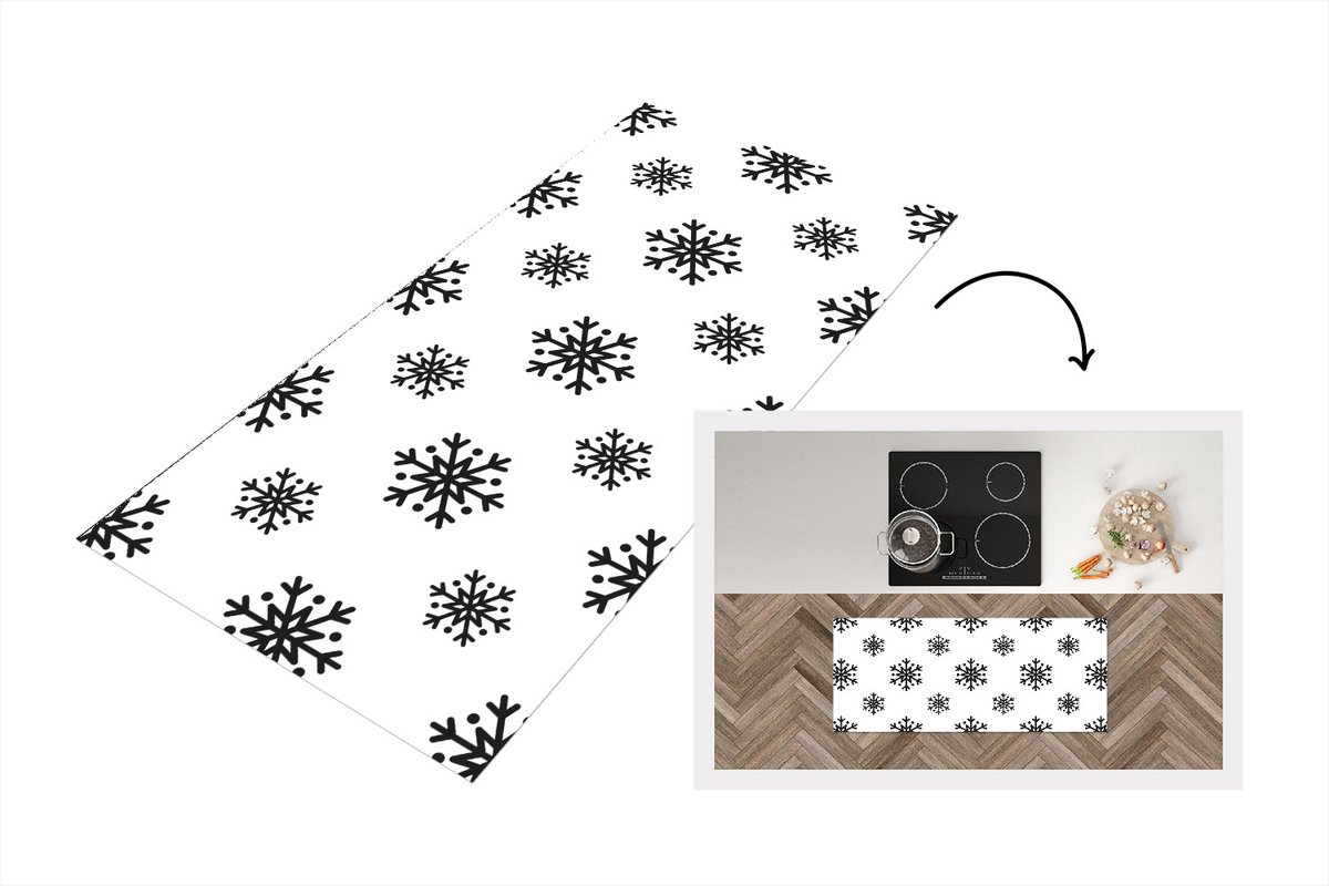 KitchenYeah Keukenloper - Loper keuken - Sneeuwvlok - Winter - Zwart - Wit - Patronen - 120x50 cm - Keukenloper vinyl Multicolor