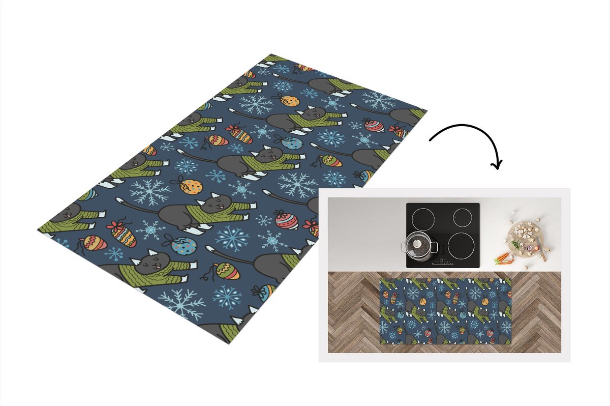 KitchenYeah Keukenloper - Loper keuken - Katten - Sneeuw - Kerstbal - Patronen - 120x60 cm - Keukenloper vinyl Multicolor