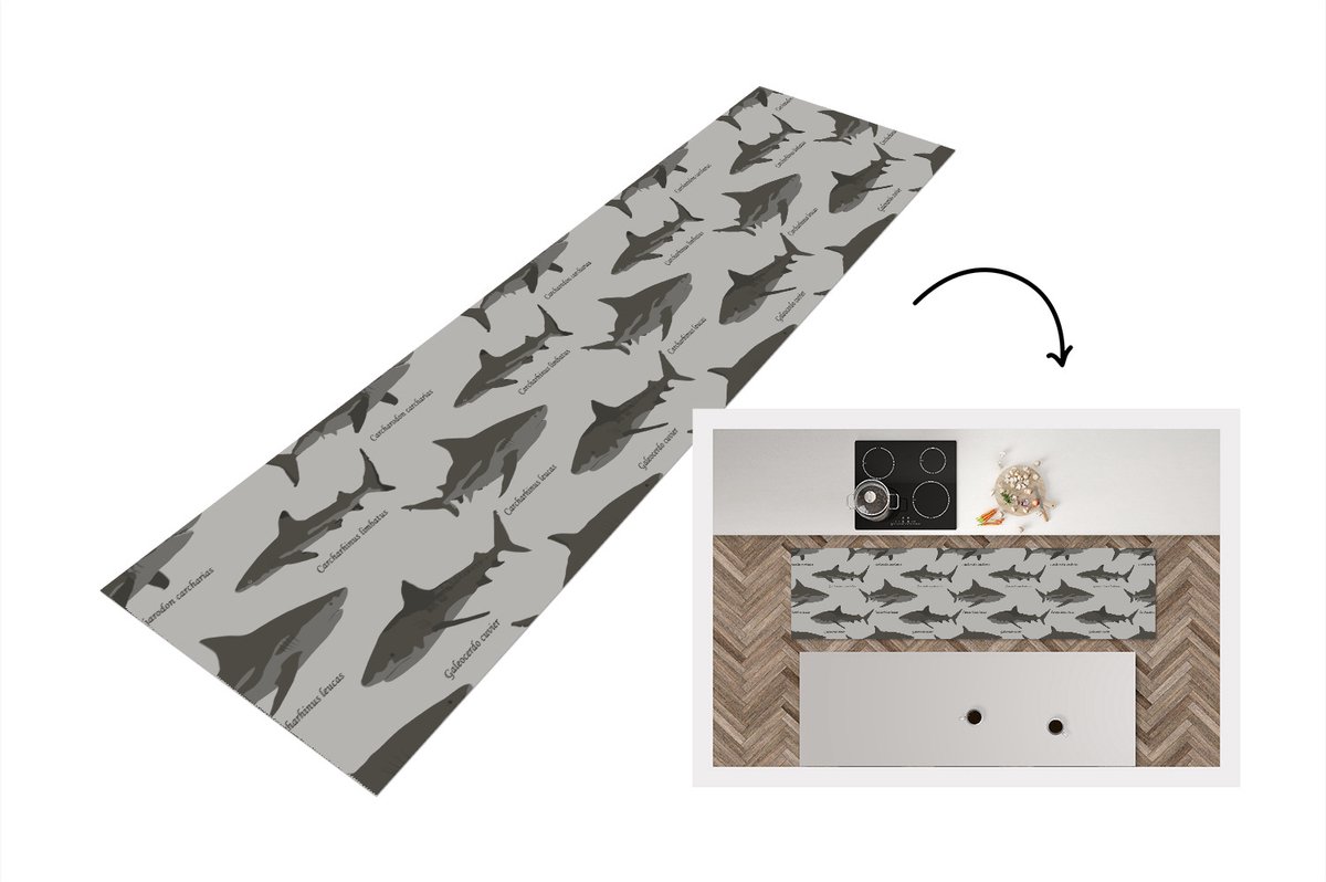 KitchenYeah Keukenloper - Loper keuken - Patronen - Haai - Zee - 200x50 cm - Keukenloper vinyl Multicolor
