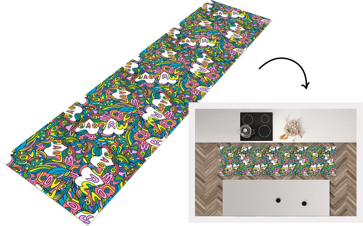 KitchenYeah Keukenloper - Loper keuken - Meisje - Liefde - Patronen - Love - 200x50 cm - Keukenloper vinyl Multicolor