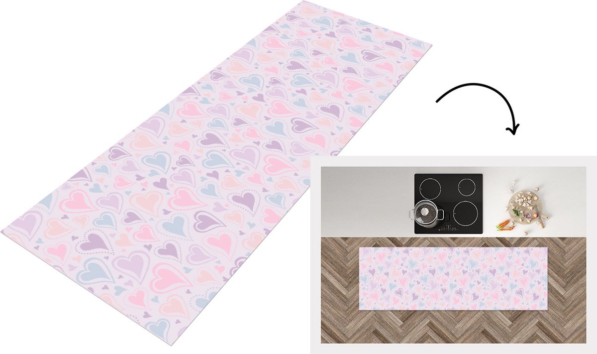 KitchenYeah Keukenloper - Loper keuken - Meiden - Hartjes - Patronen - 180x60 cm - Keukenloper vinyl Multicolor