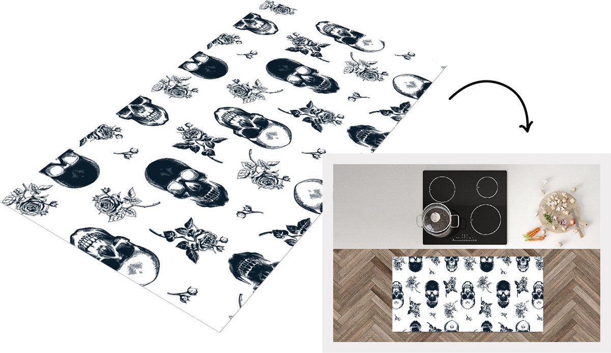 KitchenYeah Keukenloper - Loper keuken - Tiener - Skull - Rozen - Patroon - 120x60 cm - Keukenloper vinyl Multicolor