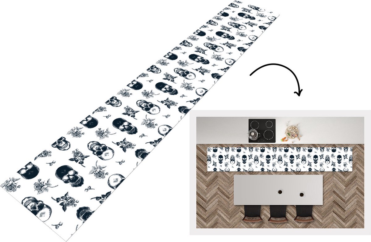 KitchenYeah Keukenloper - Loper keuken - Tiener - Skull - Rozen - Patroon - 300x50 cm - Keukenloper vinyl Multicolor