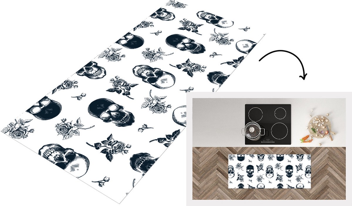 KitchenYeah Keukenloper - Loper keuken - Tiener - Skull - Rozen - Patroon - 120x50 cm - Keukenloper vinyl Multicolor