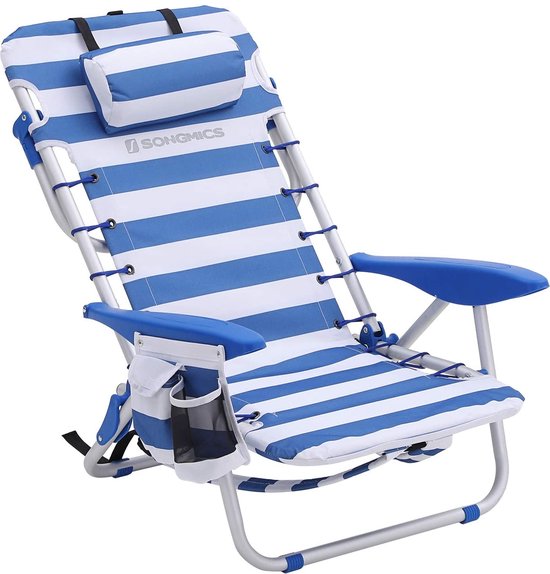 naqsh store  strandstoel met hoofdkussen, aluminium, draagbare vouwstoel, campingstoel, opvouwbaar en verstelbaar, zoals Een rugzak draagbaar, buitenstoel, blauw en wit gestreept GCB62BU
