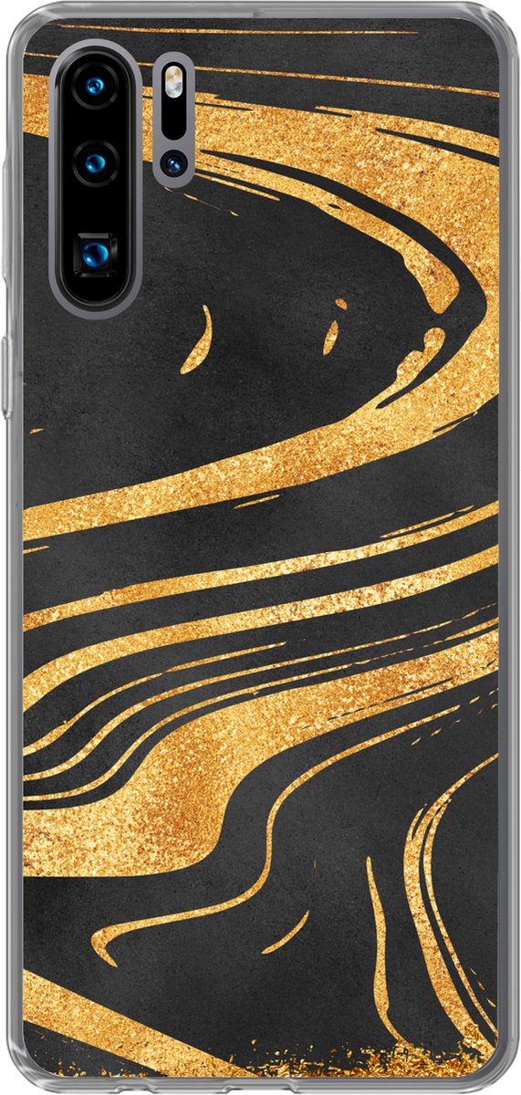 Telefoonhoesje Geschikt voor Huawei P30 Pro hoesje - Marmer print - Goud - Zwart - Siliconen Telefoonhoesje Telefoonhoesje