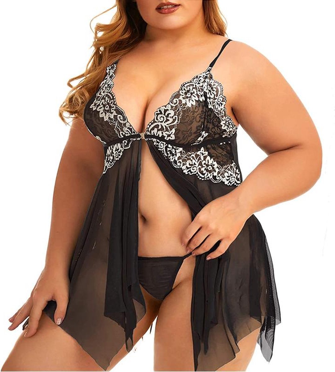 Goedkoopste Super Sexy nachtjurk string - babydoll jurk- babydoll nachtjapon van kant versierd met bloemetjes patroon-babydoll nachtjapon-- babydoll lingerie