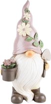 Gnome / gnome / Nain de jardin avec chapeau rose - Marron / rose / vert / crème - 13 x 9 x 23 cm de haut.