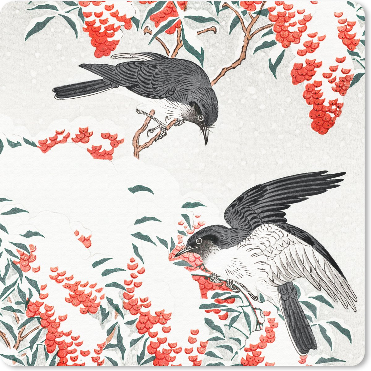 Muismat 30x30 cm - Mousepad Vogels - Bes - Rood - Vintage - Japan - Muismatten