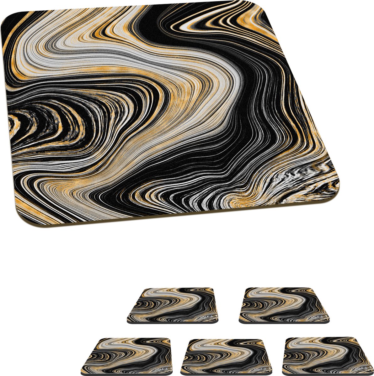 Onderzetters voor glazen - Marmer - Goud - Lijn - 10x10 cm - Glasonderzetters - 6 stuks