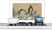 Spatscherm keuken 80x55 cm - Kookplaat achterwand Kraanvogel - Bladeren - Vintage - Japans - Scandinavisch - Muurbeschermer - Spatwand fornuis - Hoogwaardig aluminium