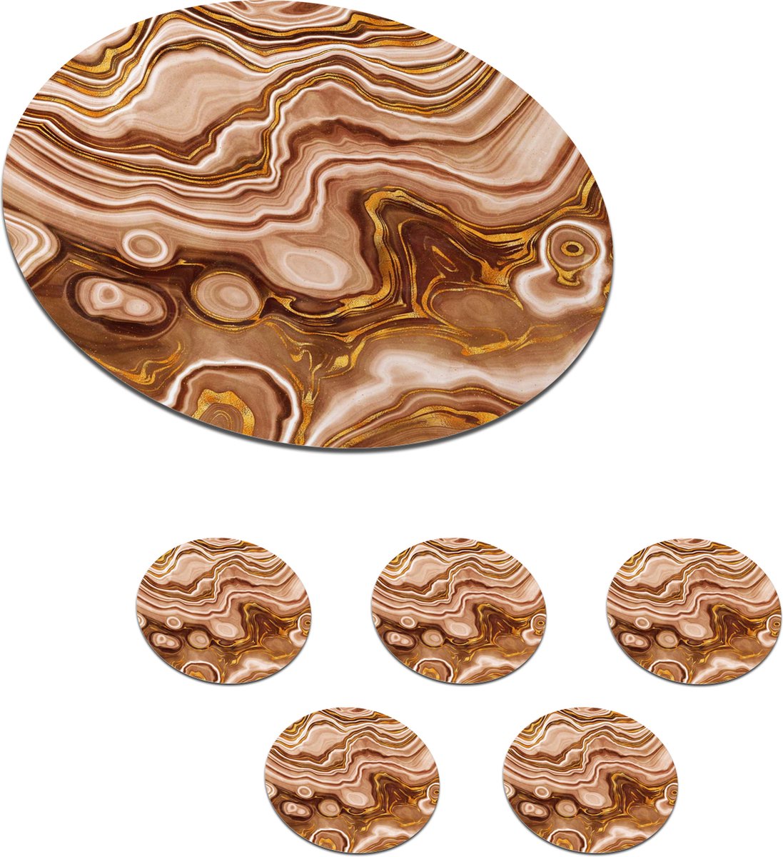 Onderzetters voor glazen - Rond - Marmer - Bruin - Cirkel - 10x10 cm - Glasonderzetters - 6 stuks
