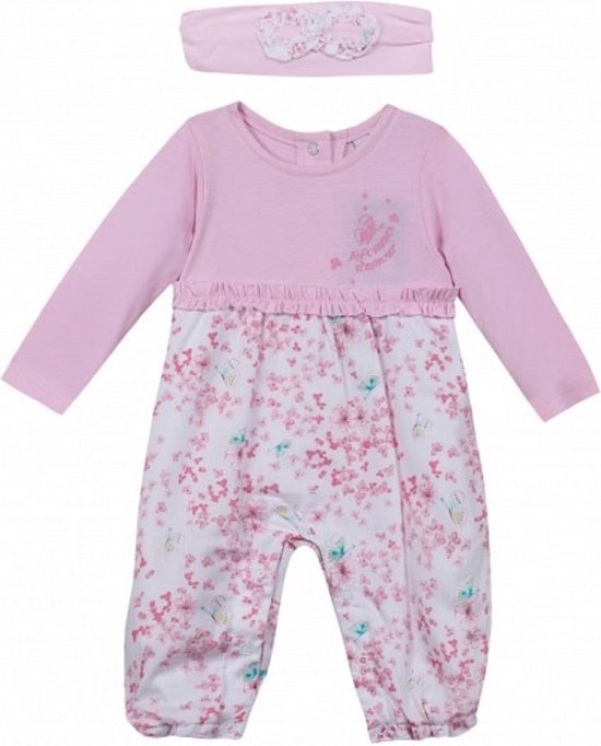 3pommes - jumpsuit met haarband - roze met bloemetjes - newborn - Maat 50