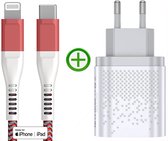 Snellader - Fast Dual Charger 20w + Twisted Red USB-C naar Lightning Kabel 1m - Nylon - MFi Gecertificeerd