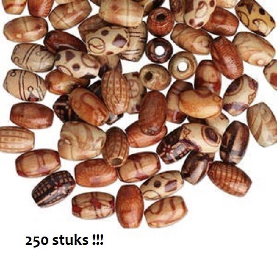 Houten Aziatische kralen met diverse printmotieven, 'barrel'-model 12x8mm. Verkocht per 250 stuks!!!!