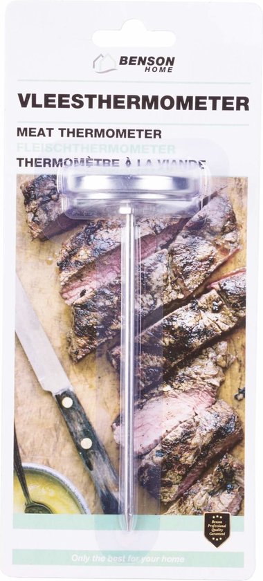 Benson vleesthermometer in verpakking, met afbeelding van gegrilde biefstuk en een mes.