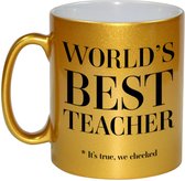 Worlds best teacher cadeau koffiemok / theebeker - 330 ml - goudkleurig - Cadeau mok