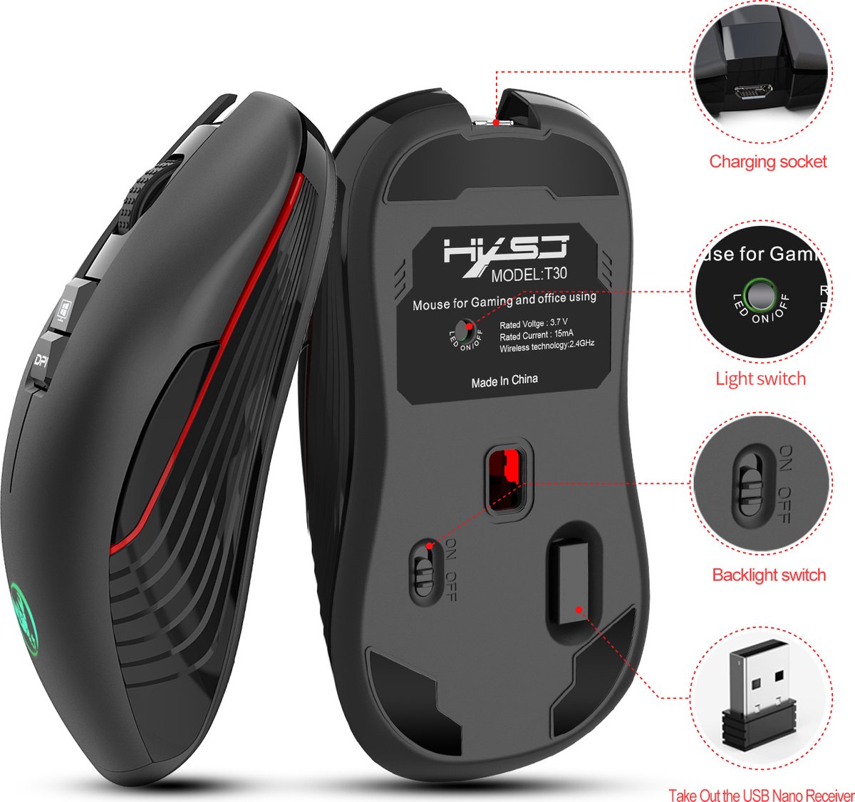 HXSJ T30 2.4GHz Souris optique sans fil rechargeable Souris de jeu