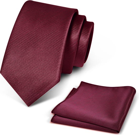 Premium Ties - Luxe Stropdas Heren + Pochet - Set - Polyester - Bordeaux - Incl. Luxe Gift Box!