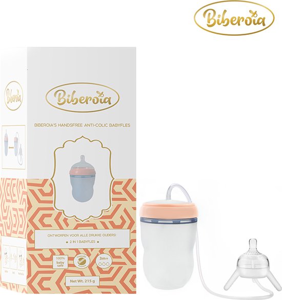 Biberoia® Handsfree – Babyfles – Switch de fles – Anti colic baby fles – Anti reflux – Speen – Baby – Fles – Babyshower - Kraamcadeau – 250ML - Peach
