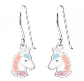 Joy|S - Zilveren eenhoorn oorbellen - unicorn oorhangers - pastel met roze kristal