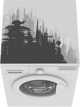 Wasmachine beschermer mat - Een Science-Fiction illustratie van een skyline - zwart wit - Breedte 60 cm x hoogte 60 cm
