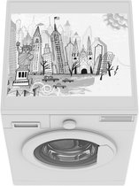 Wasmachine beschermer mat - Illustratie van de skyline van New York met een gele taxi ervoor - zwart wit - Breedte 55 cm x hoogte 45 cm