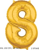 Grote XXL gouden folie ballon cijfer 8 jaar.  leeftijd verjaardag 8. 102 cm 40 inch. Met rietje om op te blazen. 2 stuks