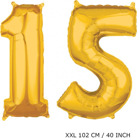 Mega grote XXL gouden folie ballon cijfer 15 jaar.  leeftijd verjaardag 15 jaar. 102 cm 40 inch. Met rietje om ballonnen mee op te blazen.