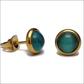 Aramat jewels ® - Oorbellen zweerknopjes licht blauw cats eye goudkleurig chirurgisch staal 8mm