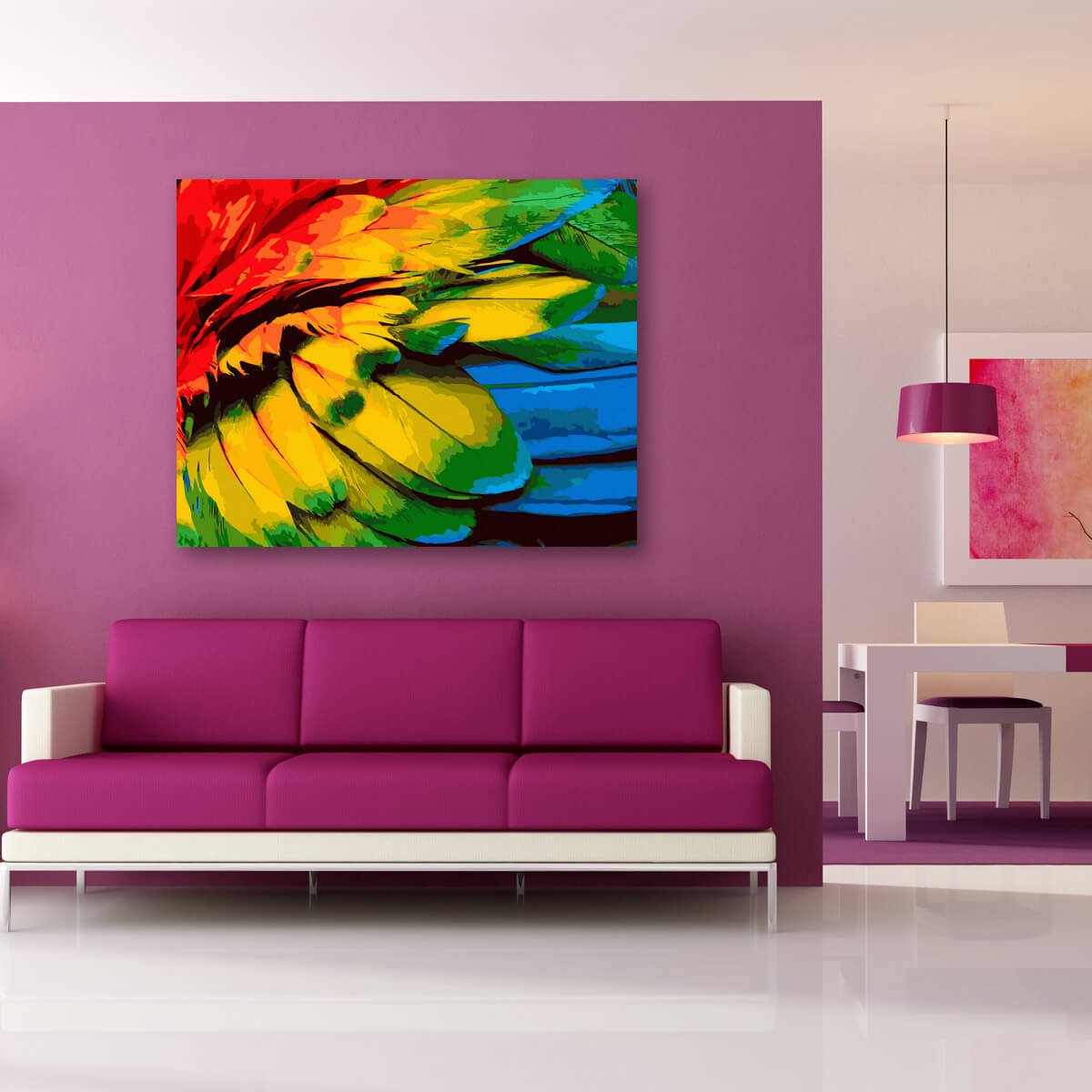 Schilderen Op Nummer Volwassenen DIY Paint By Number Compleet Hobby Pakket op Frame met Vernis - ®Arty Bee - Colourful Feathers 50x40cm — afbeelding 2
