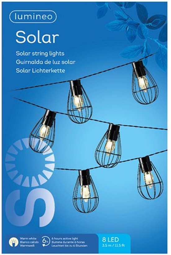 Lumineo - IJzeren solar tuinverlichting lichtsnoer 8 lampjes 350 cm - voor buiten - zwart - LED - Lumineo