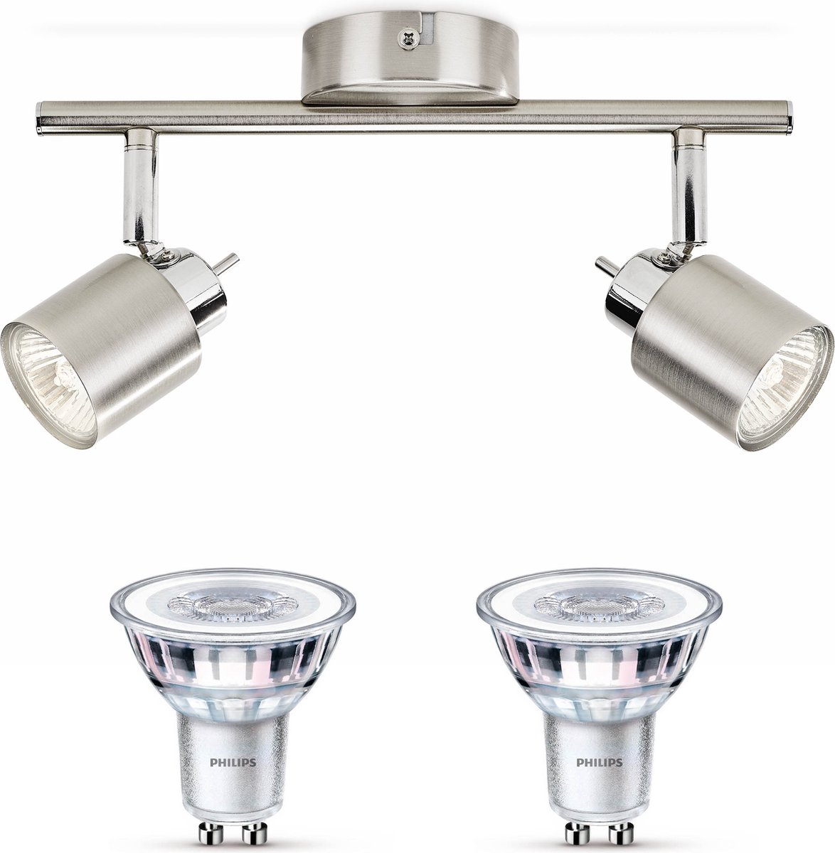 Philips Meranti Opbouwspot met GU10-fitting & Philips LED Spot GU10 50W - LED - Spotjes Opbouw - 2 Lichtpunten - Nickel