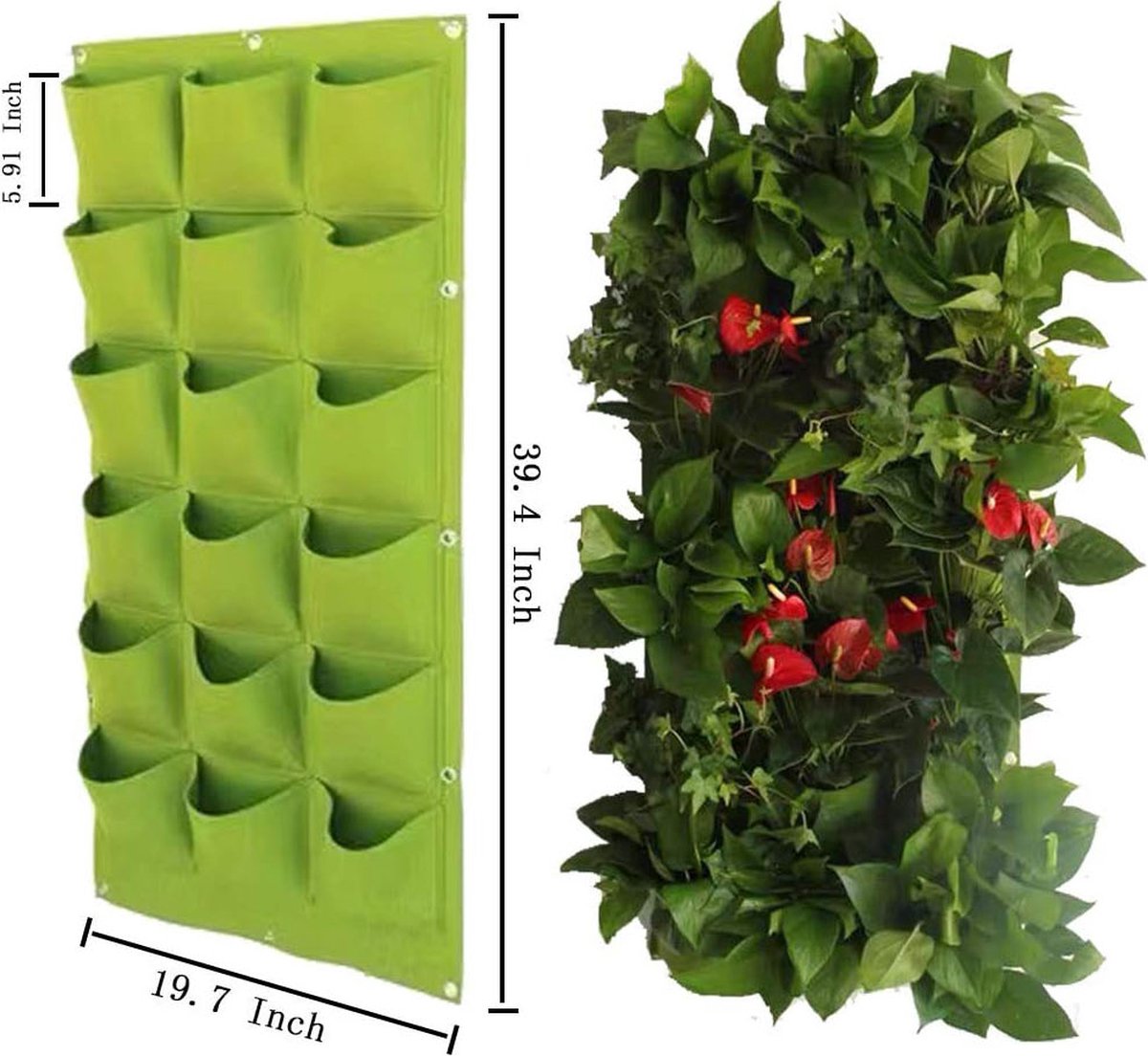 Verticale plantenzak - verticale tuin - duurzaam vilt ECO - groen - 18 vakken - hangende plantenzak - Kruidentuin - Moestuin - Tuinieren - Verticale tuin - plantjes - ademend - waterdoorlatend - eenvoudig te bevestigen
