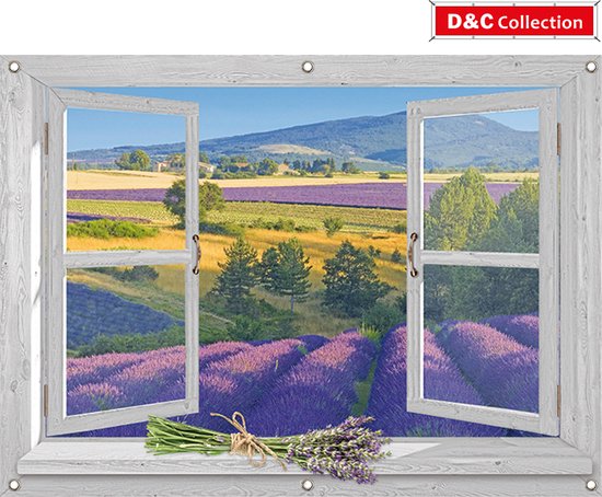 D&C Collection - tuinposter - 130x95 cm - doorkijk - wit venster lavendel met bosje lavendel - luxe venster en luxe uitvoering - tuindoek - tuindecoratie - schuttingposter