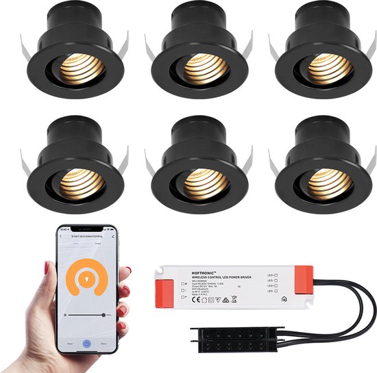 6x Medina zwarte Smart LED Inbouwspots complete set - Wifi & Bluetooth - 12V - 3 Watt - 2700K warm wit