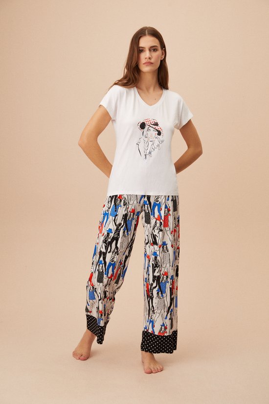 Suwen- Dames Pyjama Set Homewear -Satijn - Zwart Print Maat M