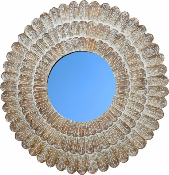 Luxe Spiegel zon / zonnebloem mangohout white wash rond 90cm, mooie Maya style tuinspiegel binnen en buitenspiegel onder overkapping | oorspronkelijk €199.95 op=op