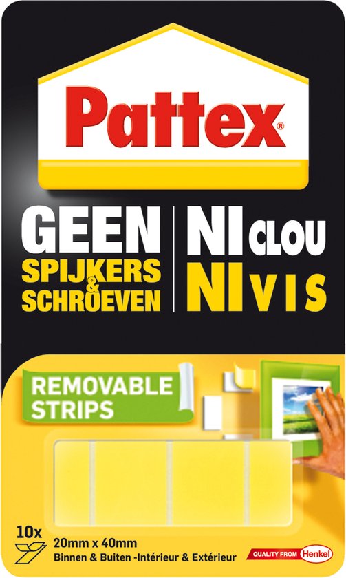 Pattex verpakking met 'GEEN SPIJKERS SCHROEVEN' en 10 verwijderbare strips, geel, 20mm x 40mm.