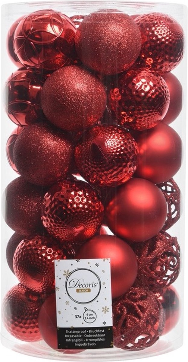 Decoris Christmas Red - 37x stuks - rood - 6 cm - mat en glans - kunststof - kerstversiering