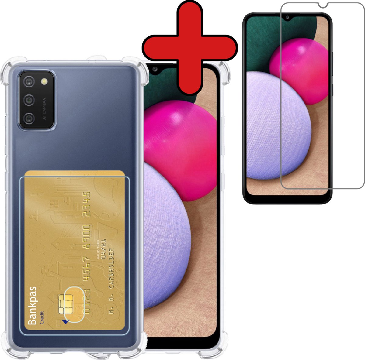Hoesje - Geschikt voor Samsung Galaxy A03s - Met Screenprotector - Pashouder - Kaarthouder - Back Cover - Telefoon Hoes Shockproof - Siliconen Case - Shock Proof - Pasjes Houder - Telefoonhoes - Transparant
