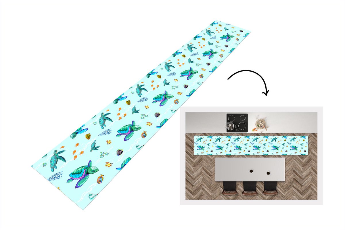 KitchenYeah Keukenloper - Keukenmat - Regenboog - Schildpad - Vis - Water - Patronen - 360x60 cm - Keuken vloerkleed Multicolor