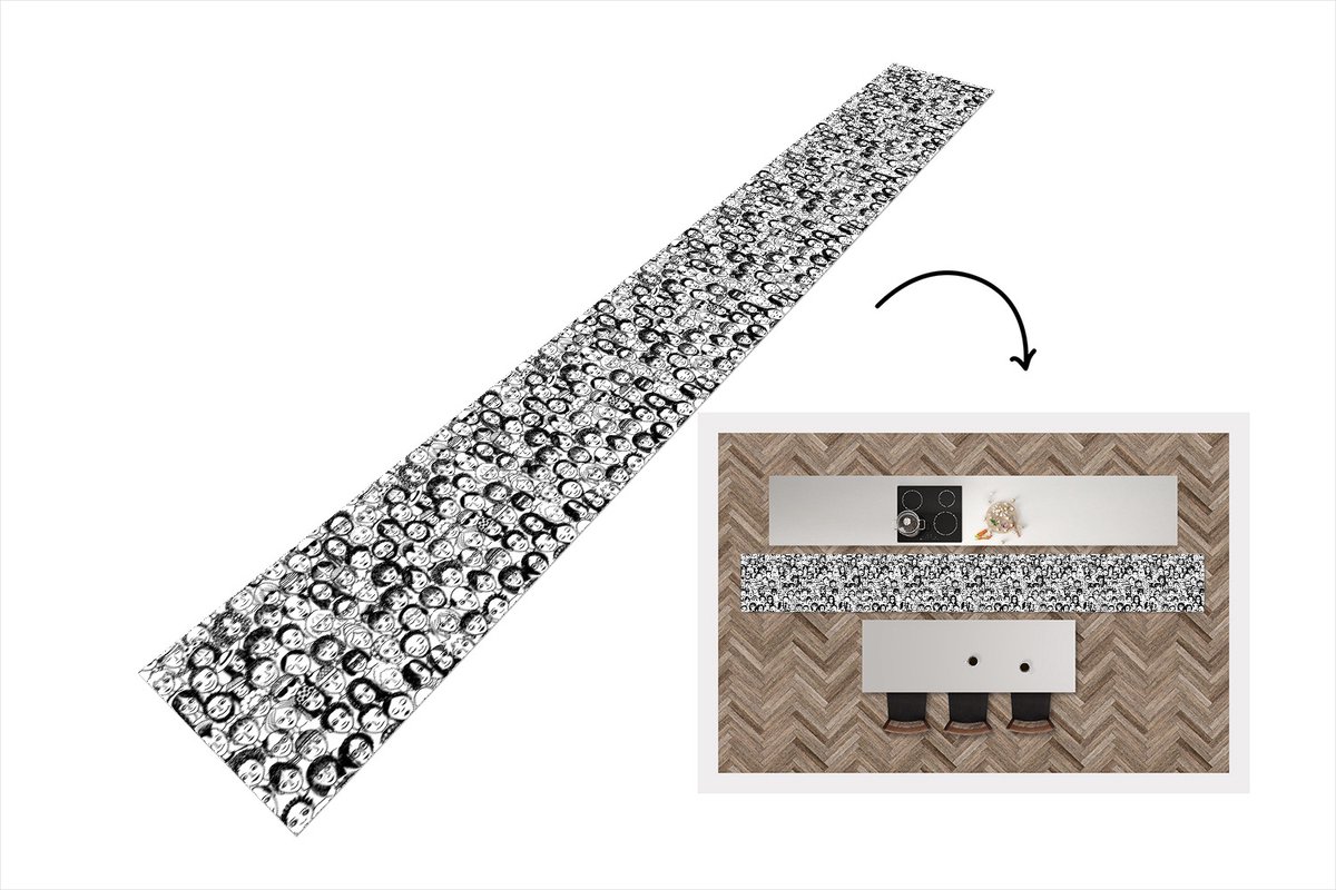 KitchenYeah Keukenloper - Keukenmat - Patronen - Gezicht - Zwart Wit - 480x60 cm - Keuken vloerkleed Zwart; Wit