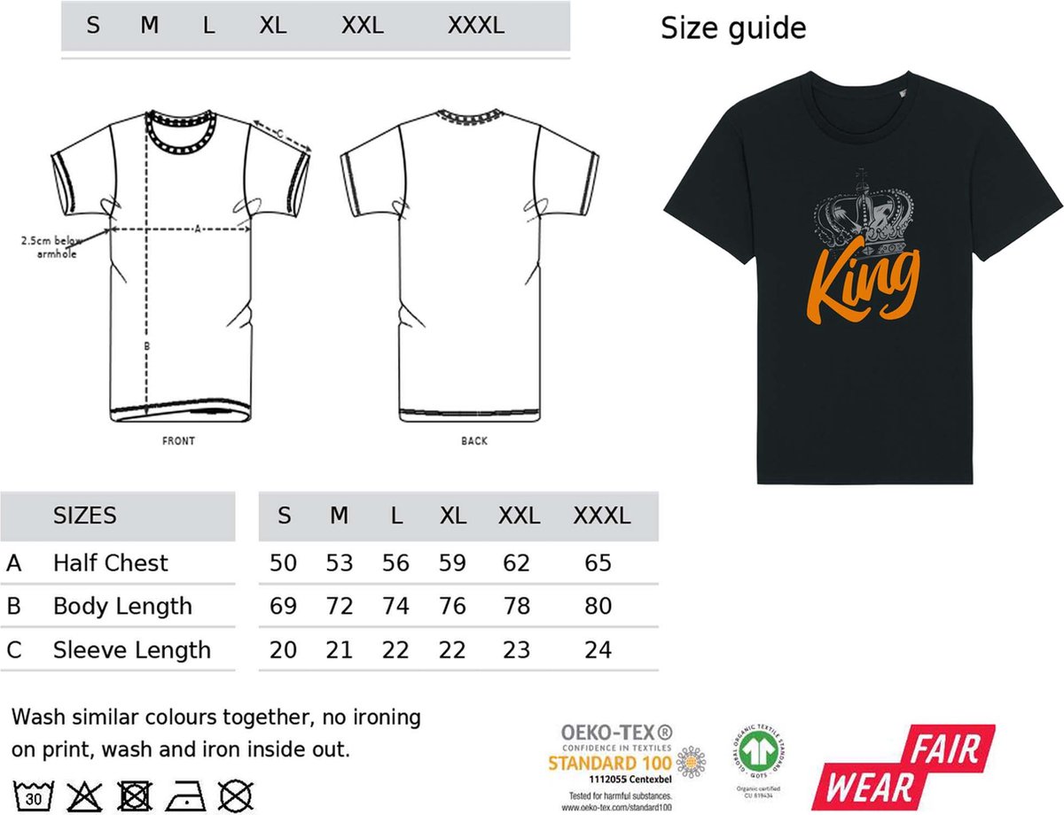 T Shirt Heren en Dames Koningsdag 2023 - King - Zwart - XL