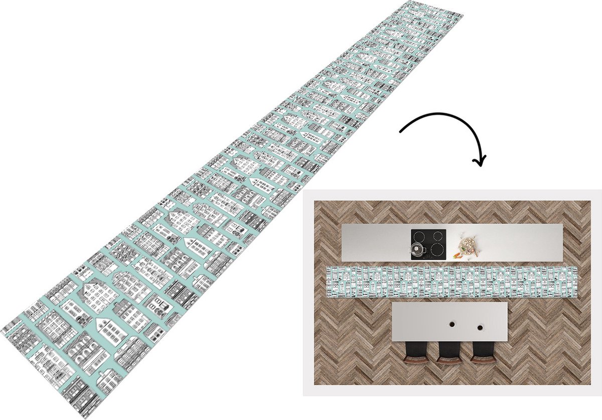 KitchenYeah Keukenloper - Keukenmat - Patronen - Huis - Skyline - 480x60 cm - Keuken vloerkleed Multicolor