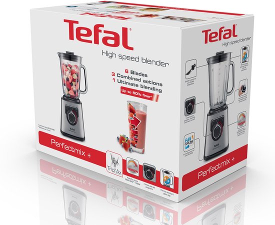 Verpakking van de Tefal Perfectmix+ high speed blender met afbeeldingen van de blender en smoothie.