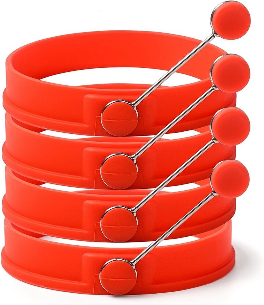 2 Stuks - Siliconen Bakvorm - Ei ringen Siliconen - Pannenkoekenvorm Rond - Omelet Vorm - Eierkookring - Handvat - Rood