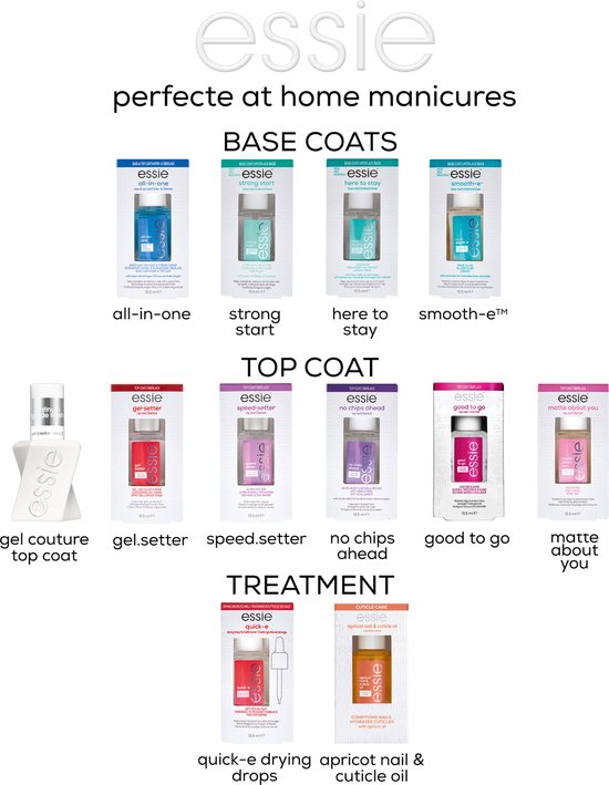 Essie nagellak assortiment, waaronder base coats, top coats en behandelingen.